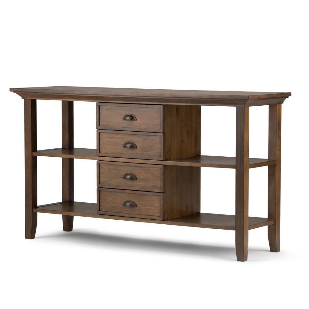 Simpli Home Redmond 54"W Solid Wood Storage Console Table with 4 Center Drawers and Open Shelves