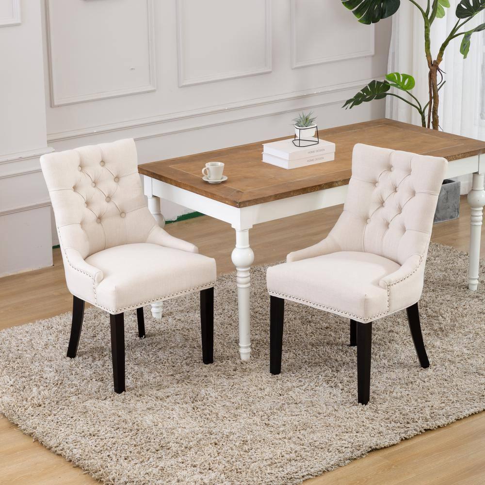 Upholstered Wingback Button Tufted Dining Chair, Beige