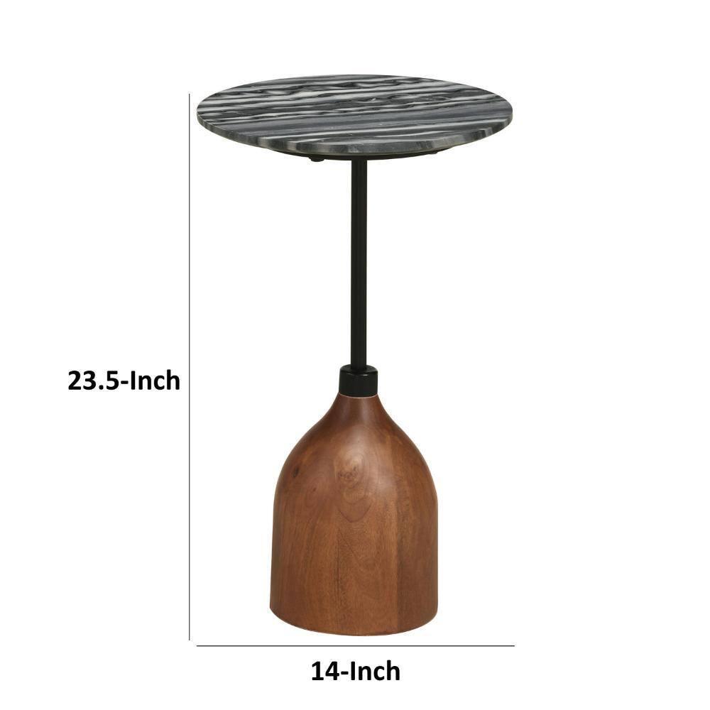 Benjara Side End Drink Table, Round Gray White Marble Top, Pedestal Base 14x14x24