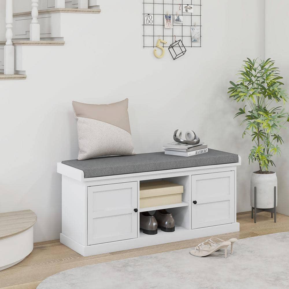 HOMCOM Shoe Bench with Cushion, Storage Bench for Entryway with Padded Seat, 2 Cabinets and Adjustable Shelf for Hallway, Living Room, Bedroom, White