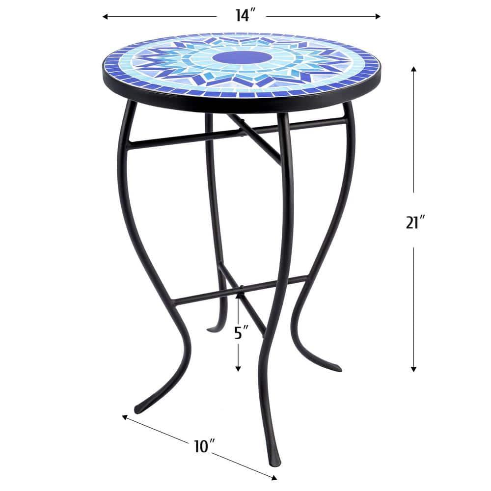 Outdoor Patio Side Table Round Ceramic Tile End Table Blue