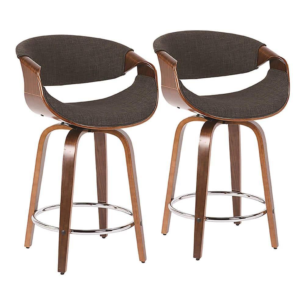 Set of 2 Curvini Upholstered Counter Height Barstools Charcoal/Walnut - LumiSource: Swivel, Chrome-Plated, Wood Legs