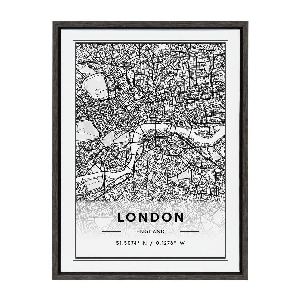 18" x 24" Sylvie London Modern Map by Jake Goossen Framed Wall Canvas Gray - Kate & Laurel All Things Decor