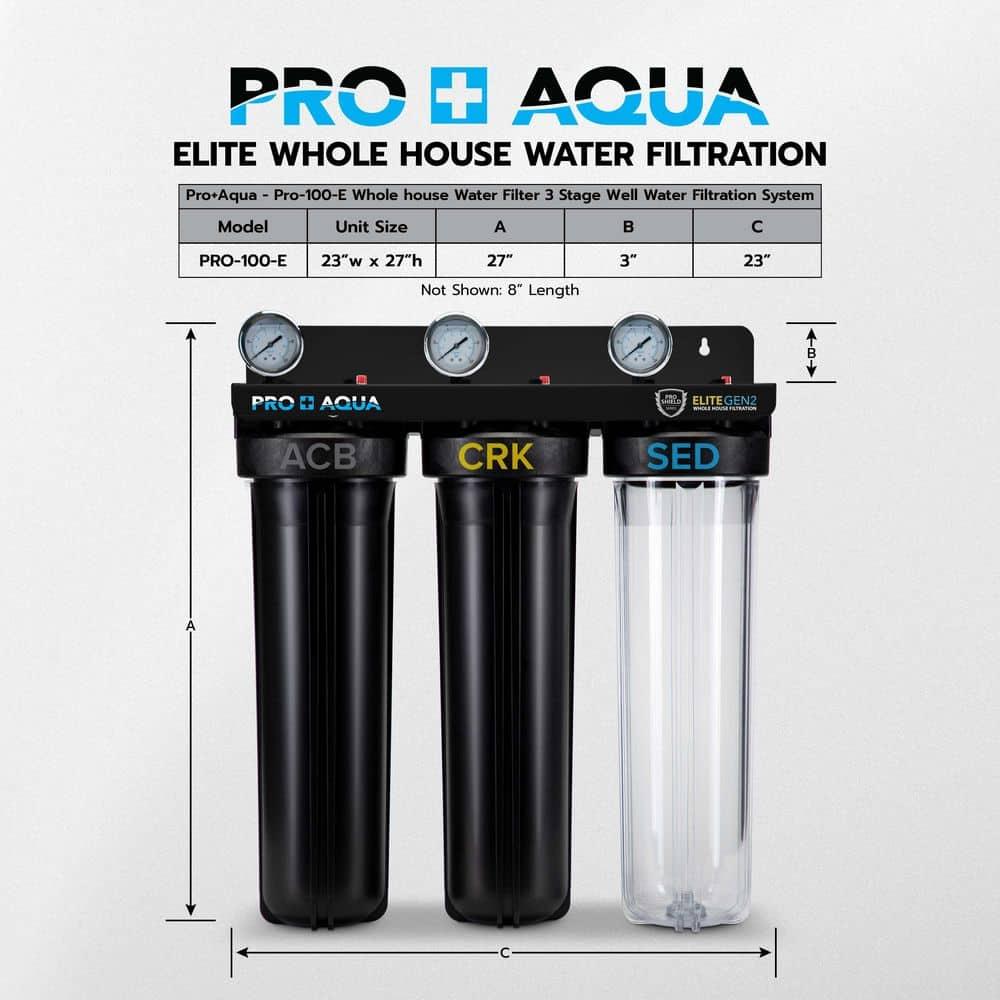 PRO+AQUA ELITE SERIES GEN2 PRO-100-E 3-Stage Whole House Water Filtration System for City and Well Water with Pressure Gauges, Removes 99% of Chlorine, VOCs, Odors & Contaminants, 1” Ports