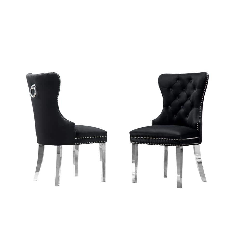 Tufted Black Velvet Side Chairs with Silver Stainless Steel (Set of 2)