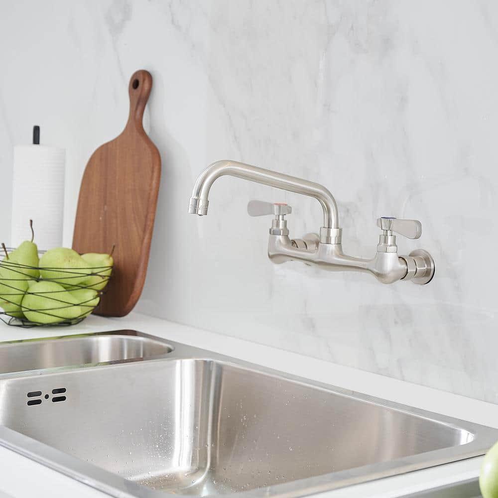 BWE Double Handles Wall Mount Modern Standard Kitchen Faucet With 8 Inch Swivel Spout 8" Center