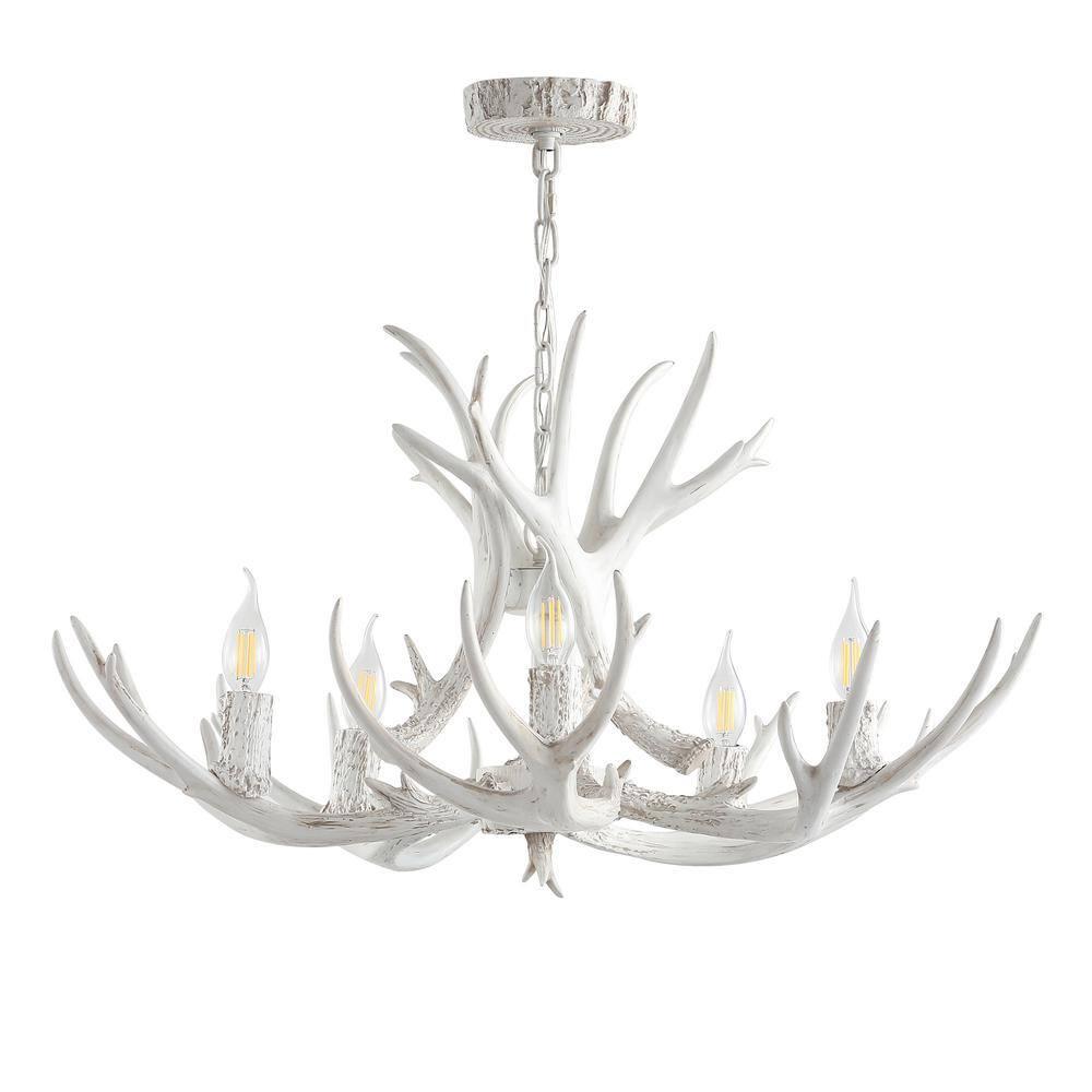 JONATHAN Y Eldora 30" Adjustable Resin Antler 5-Light LED Chandelier, White