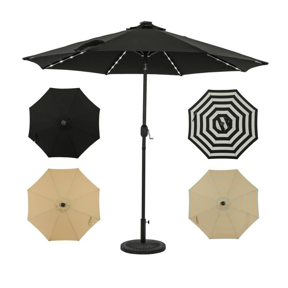 9' x 9' Mirage II Fiesta Market Patio Umbrella with Solar LED Tube Lights Black - Island Umbrella: Weatherproof, UV Protection, Crank Lift