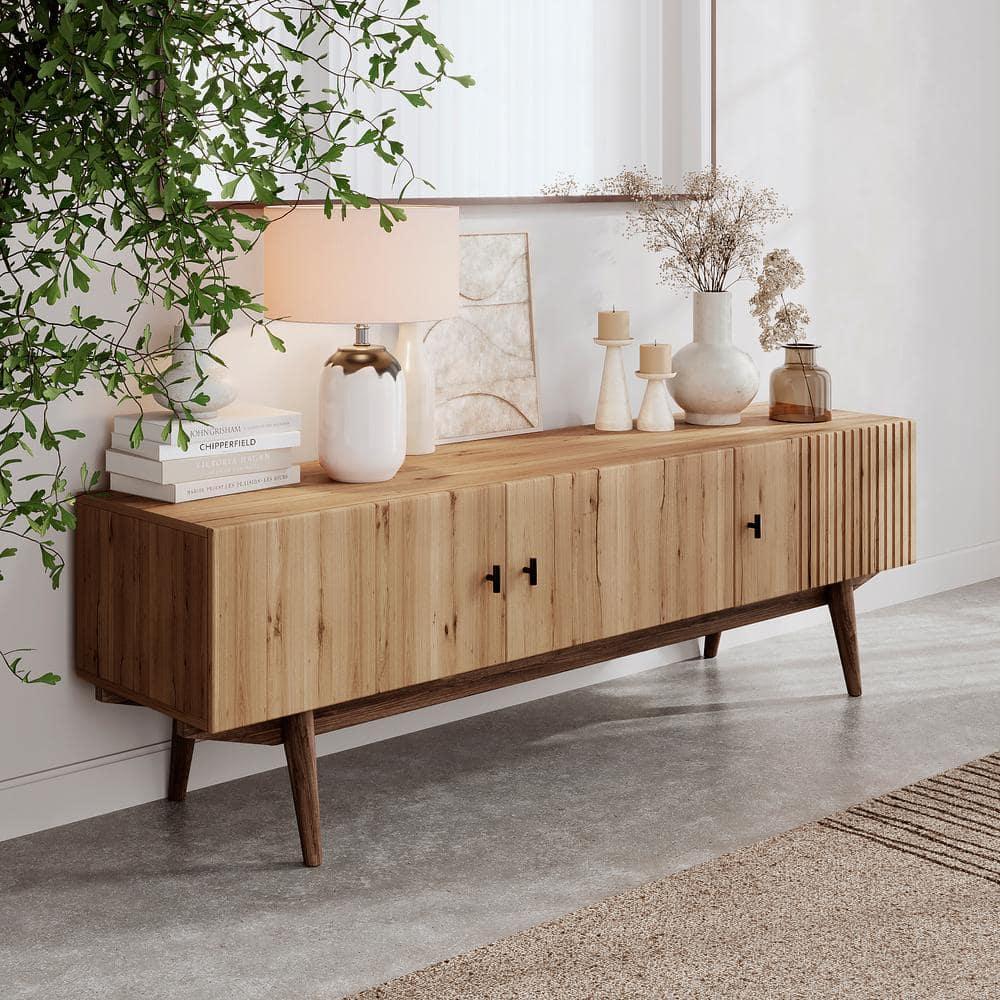 Living Skog  Chelsea Brown TV Stand Fits for TV's up to 65 in. with Slatted Design and Wood Legs light brown Matte Laminate