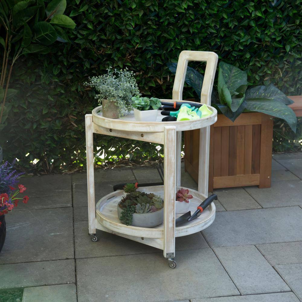 Alpine Corporation MBB172 Wood 2-Tier Rolling Storage Cart for Books, Plants, Decor, Rustic Storage Push Cart with 2 Shelves