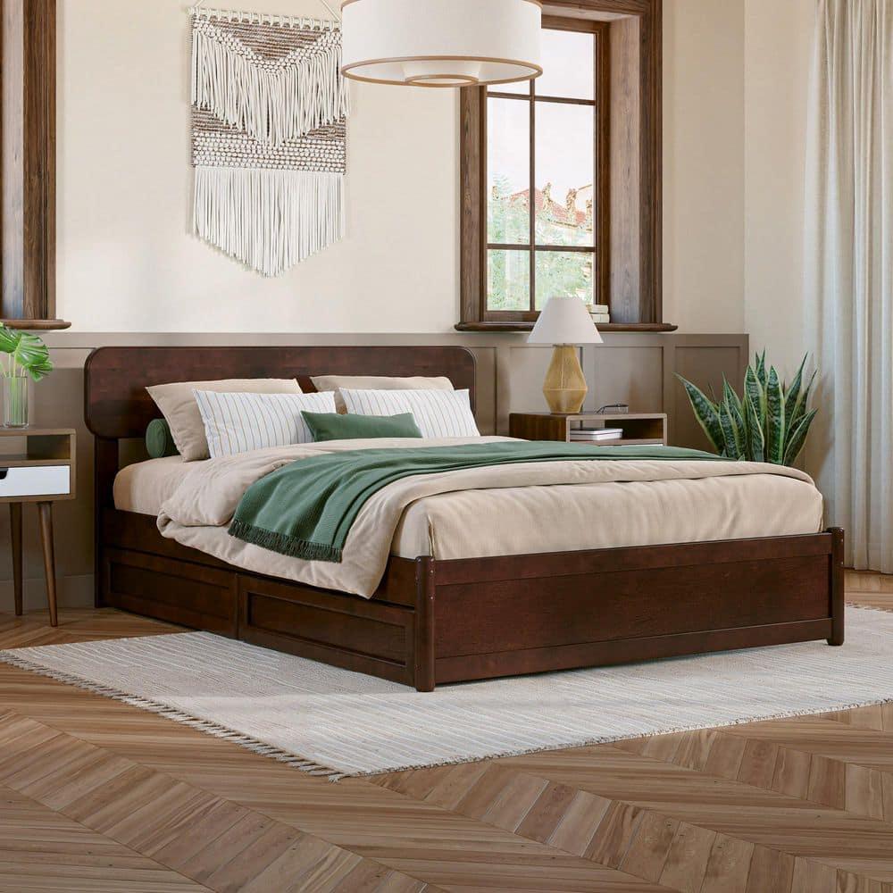 AFI Capri Full Solid Wood Platform Bed with Panel Footboard and Storage Drawers, Walnut