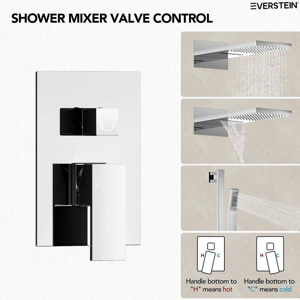 Dual-Function Wall Mounted Waterfall & Rainfall Shower Faucet Set With Rough-In Valve