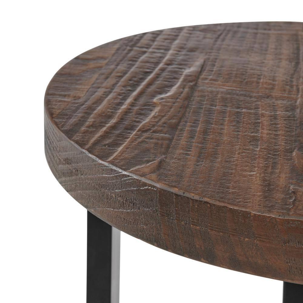 17 Stories Alaterre Pomona Round End Table With Solid Wood Top, Metal Legs, And Dual Shelves For Rustic Living Room Furniture