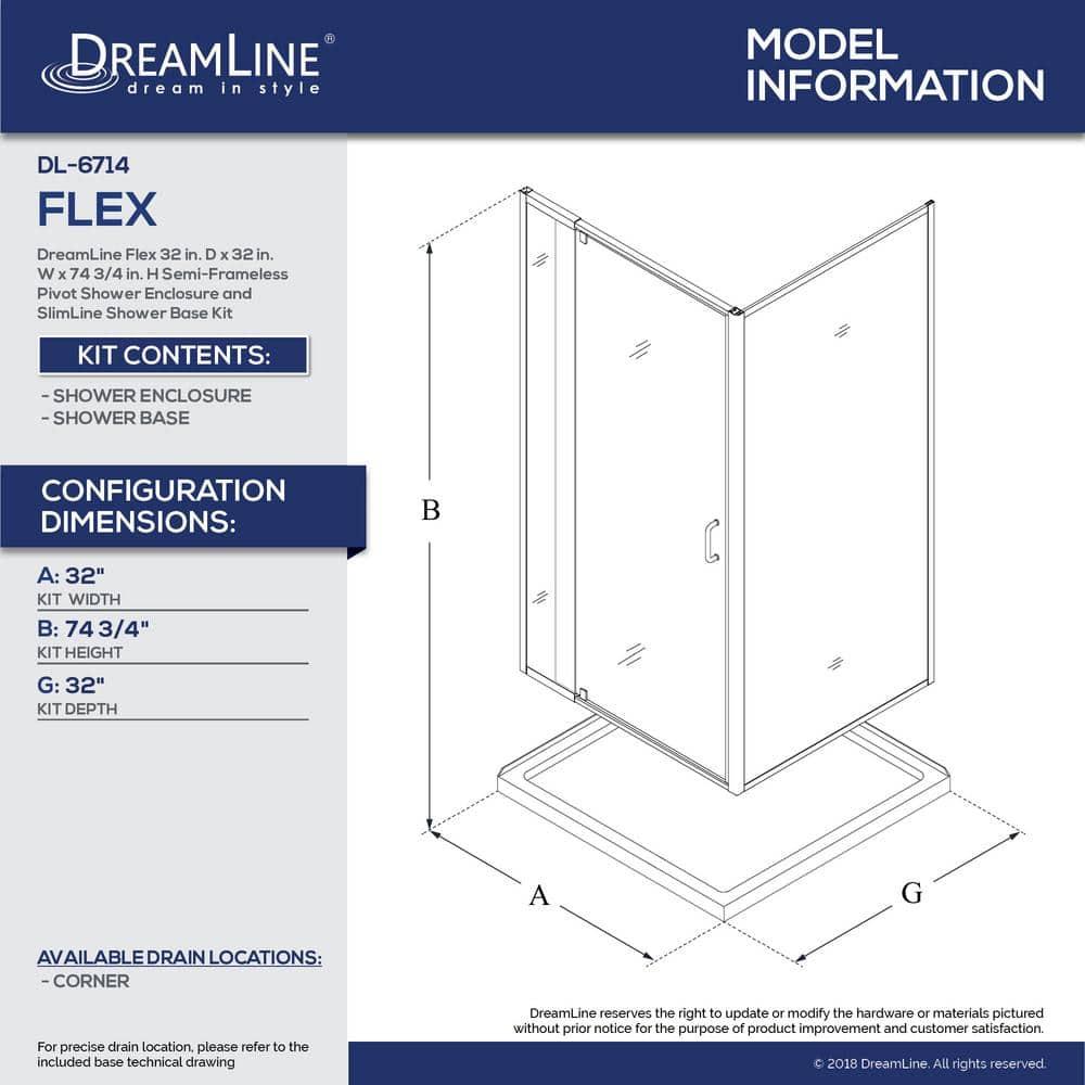 Flex 32" x 74.75" Square Pivot Shower Enclosure with Base Included