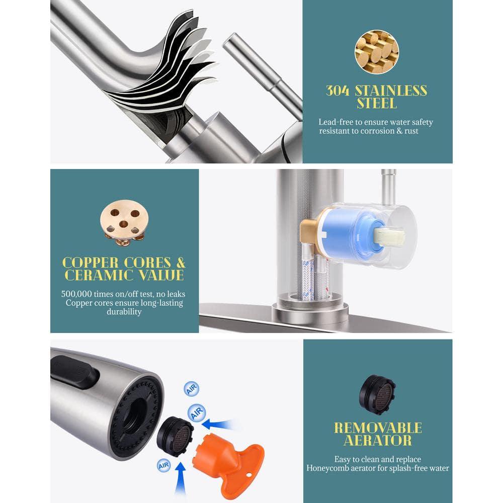 WOWOW Kitchen Faucet with Sprayer, Kitchen Sink Faucet, SUS 304 Stainless Steel, High Arc Single Handle Brushed Nickel Kitchen Faucets with Pull Down Sprayer, Pull Out Kitchen Faucet with Deck Plate