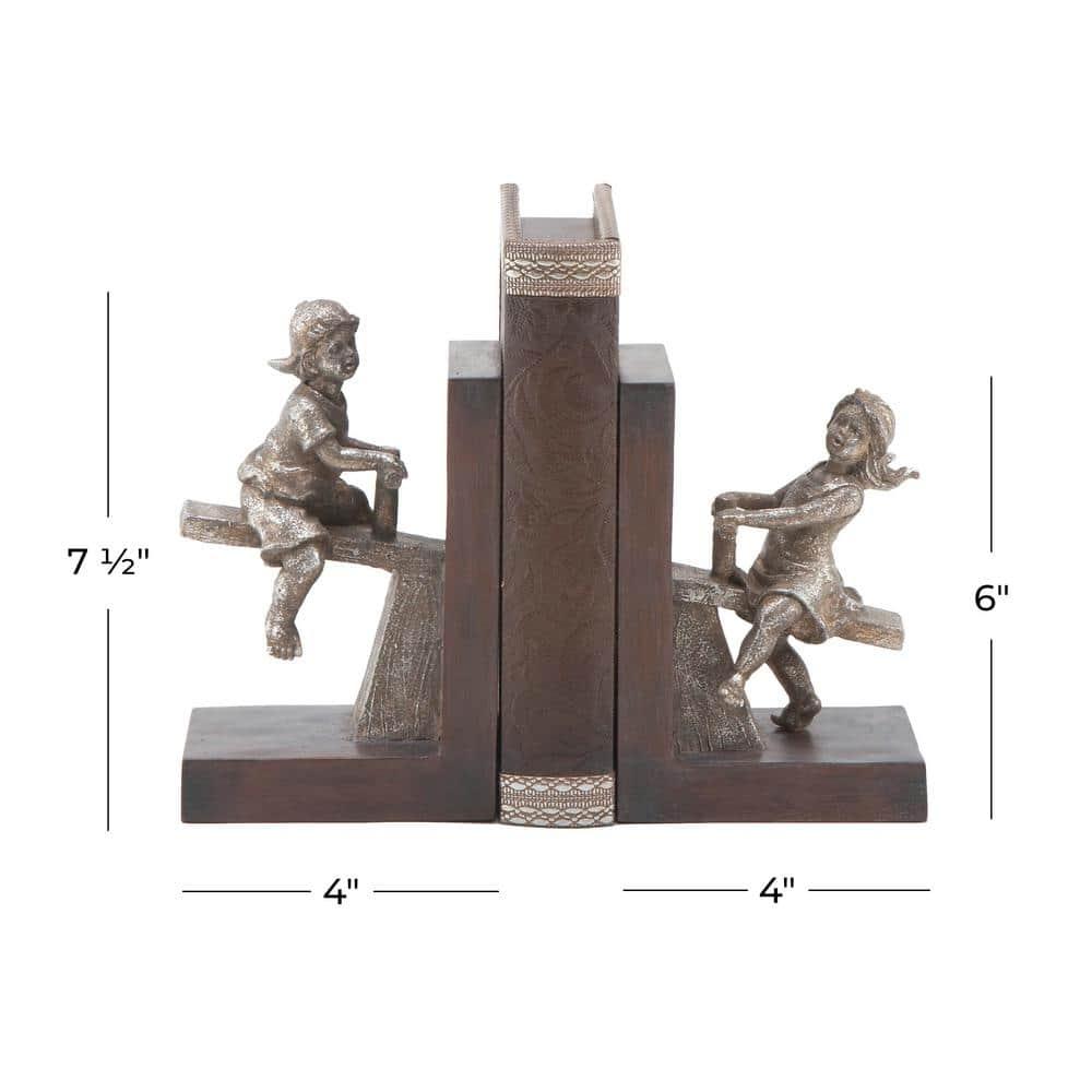 DecMode 4" People Brown Polystone Bookends with Swing Set (Set of 2)