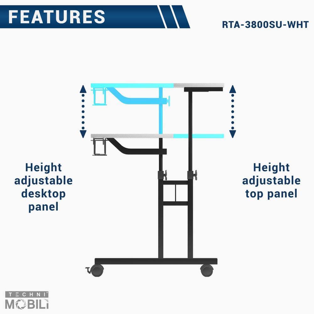 Rolling Writing Desk with Height Adjustable Desktop and Moveable Shelf White - Techni Mobili: Locking Casters, Open Storage