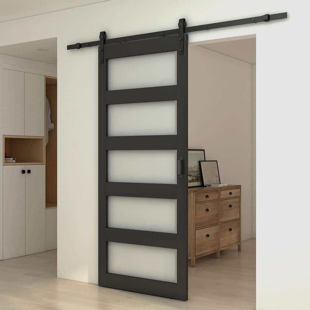 Calhome 5 Lite Tempered Frosted Glass Finished Composite Interior Sliding Barn Door with Hardware Kit