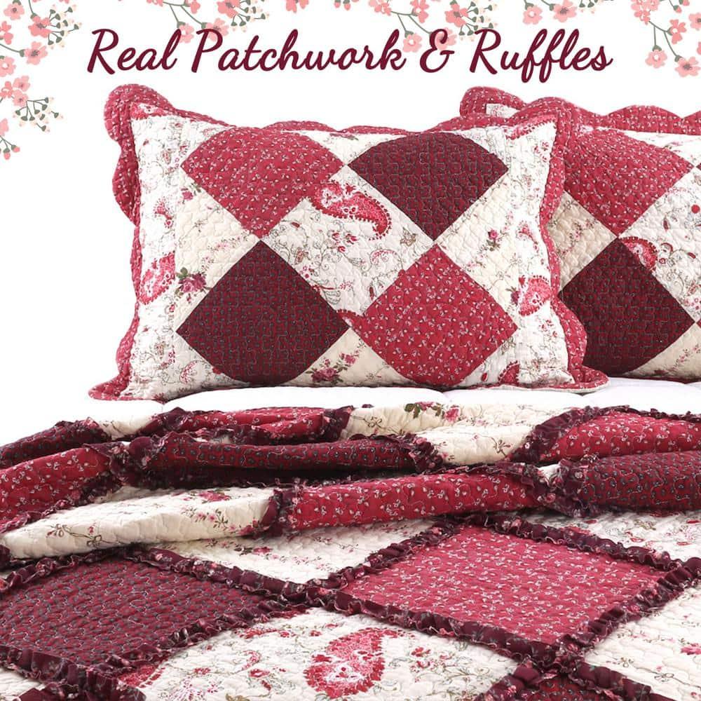 Cozy Line Home Fashions Rich Red Rose Floral Paisley 3-Piece Patchwork Ruffle Scalloped Vintage Farmhouse Cotton Reversible Queen Quilt Bedding Set