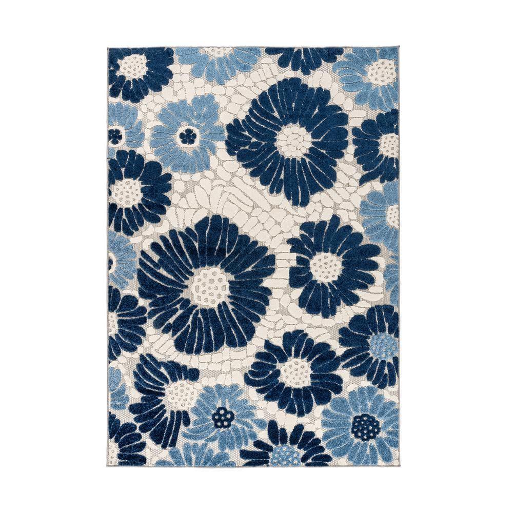 World Rug Gallery Palermo Modern Floral Indoor/Outdoor Area Rug - Navy 5' x 7':  Weather-Resistant,  Low Pile,  Botanical Pattern