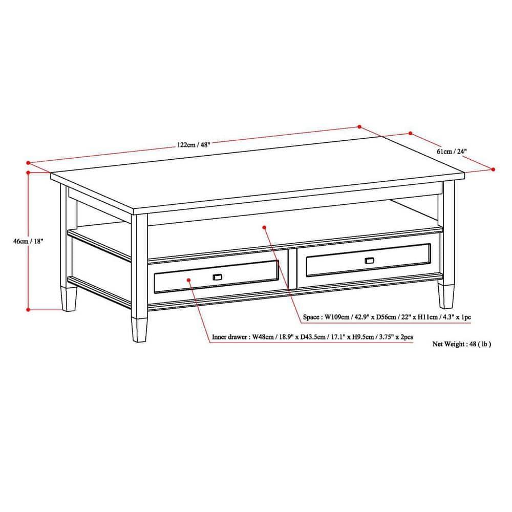 Simpli Home Warm Shaker 48"W Solid Wood Coffee Table with Two Storage Drawers and Open Shelf