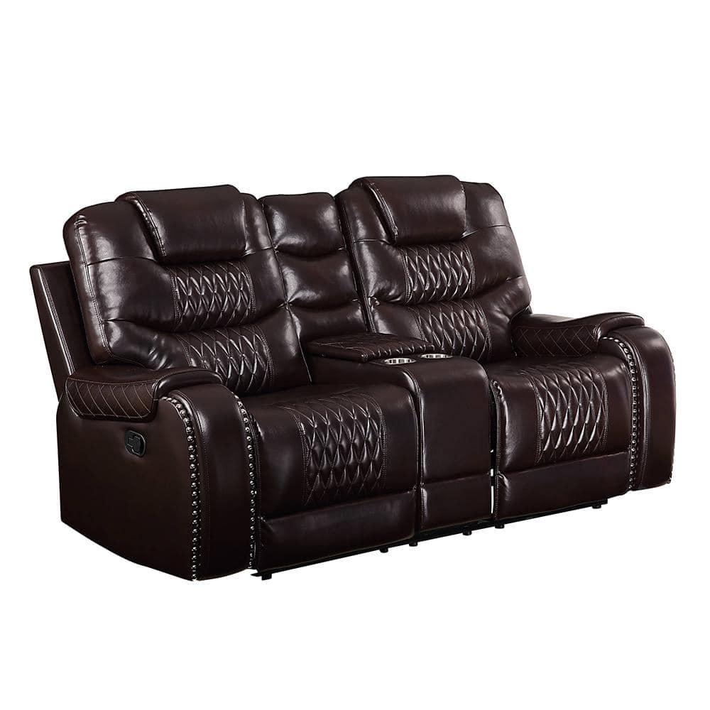 78" Braylon Active Sitting Chair Brown PU - Acme Furniture: Loveseat with Console & Cup Holders