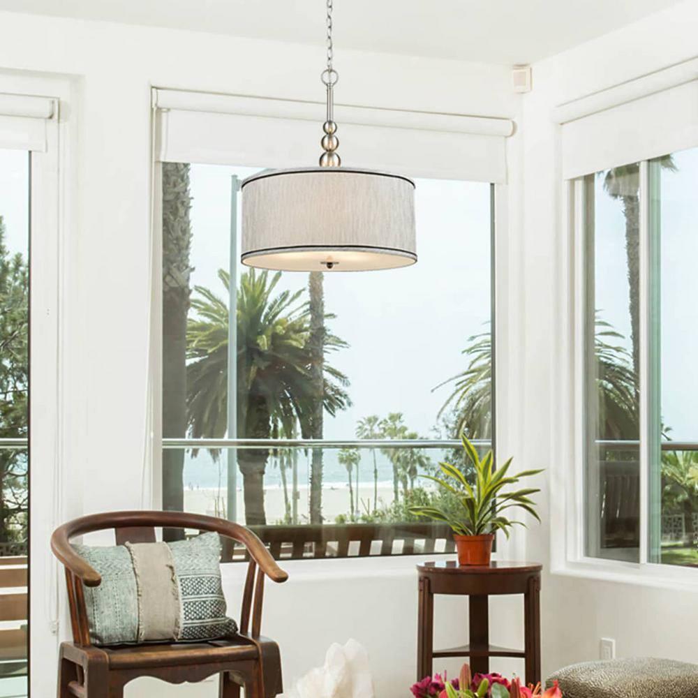 Claxy 3-Light Brushed Nickel Pendant Light with Drum Grey Linen Shade