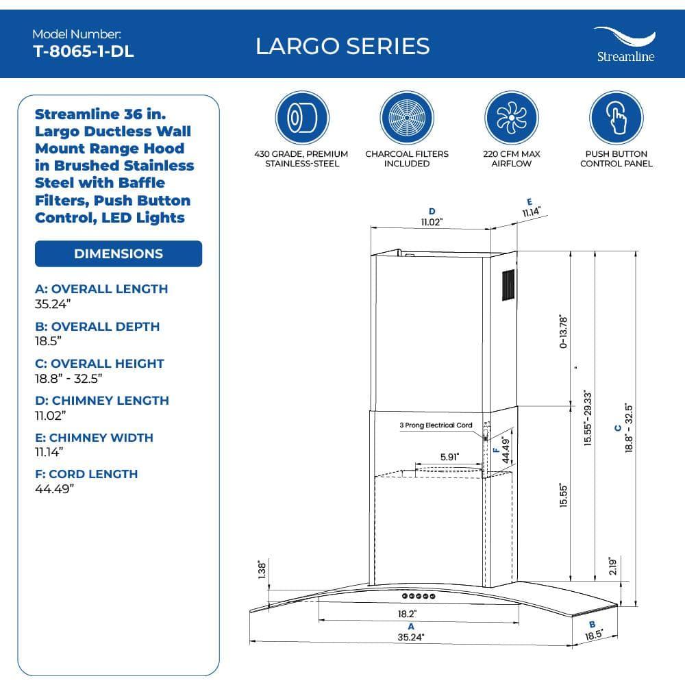 Streamline Largo 36" 220 Cubic Feet Per Minute Ductless Wall Mount Range Hood with Baffle Filter and Light Included
