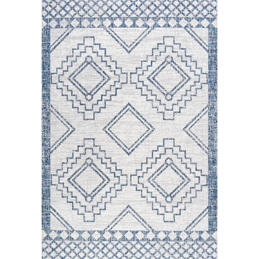 3'x5' Marokko Diamond  Medallion Indoor/Outdoor Area Rug, Ivory/Blue - JONATHAN Y