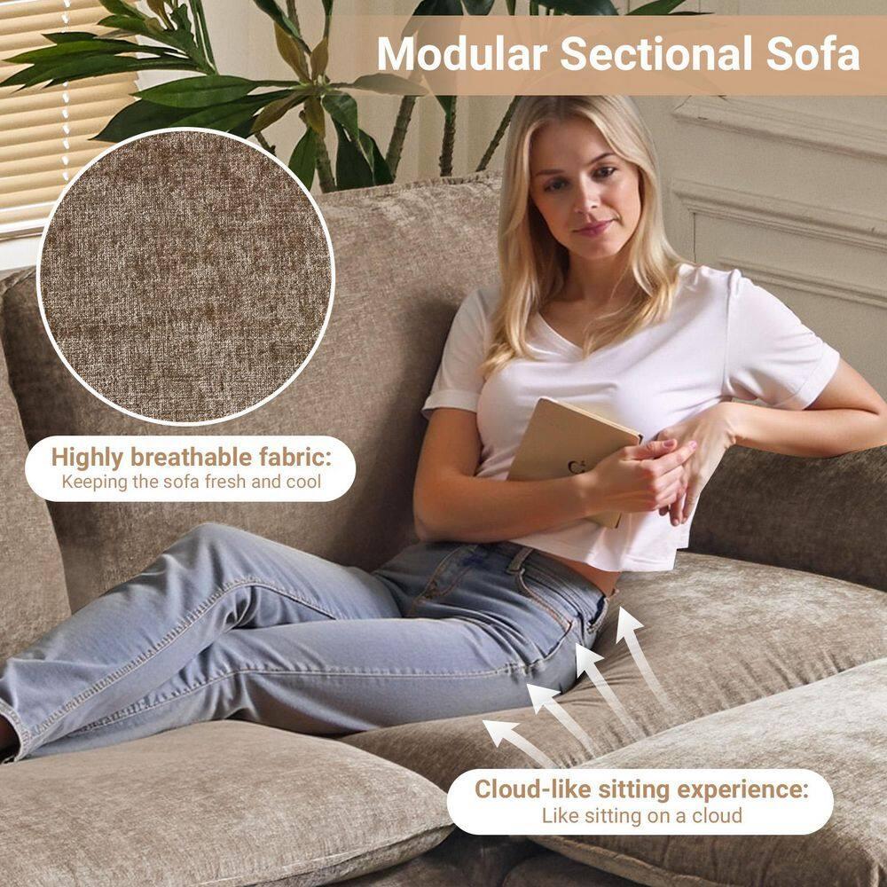 Karl home Sectional Sofa Modular Deep Seat Sofa Couch with Ottoman, Chenille Sofa Sleeper Comfy Upholstered Furniture for Living Room, Apartment, Studio, Office, (3-Seat & 1-Ottoman, Light Brown)