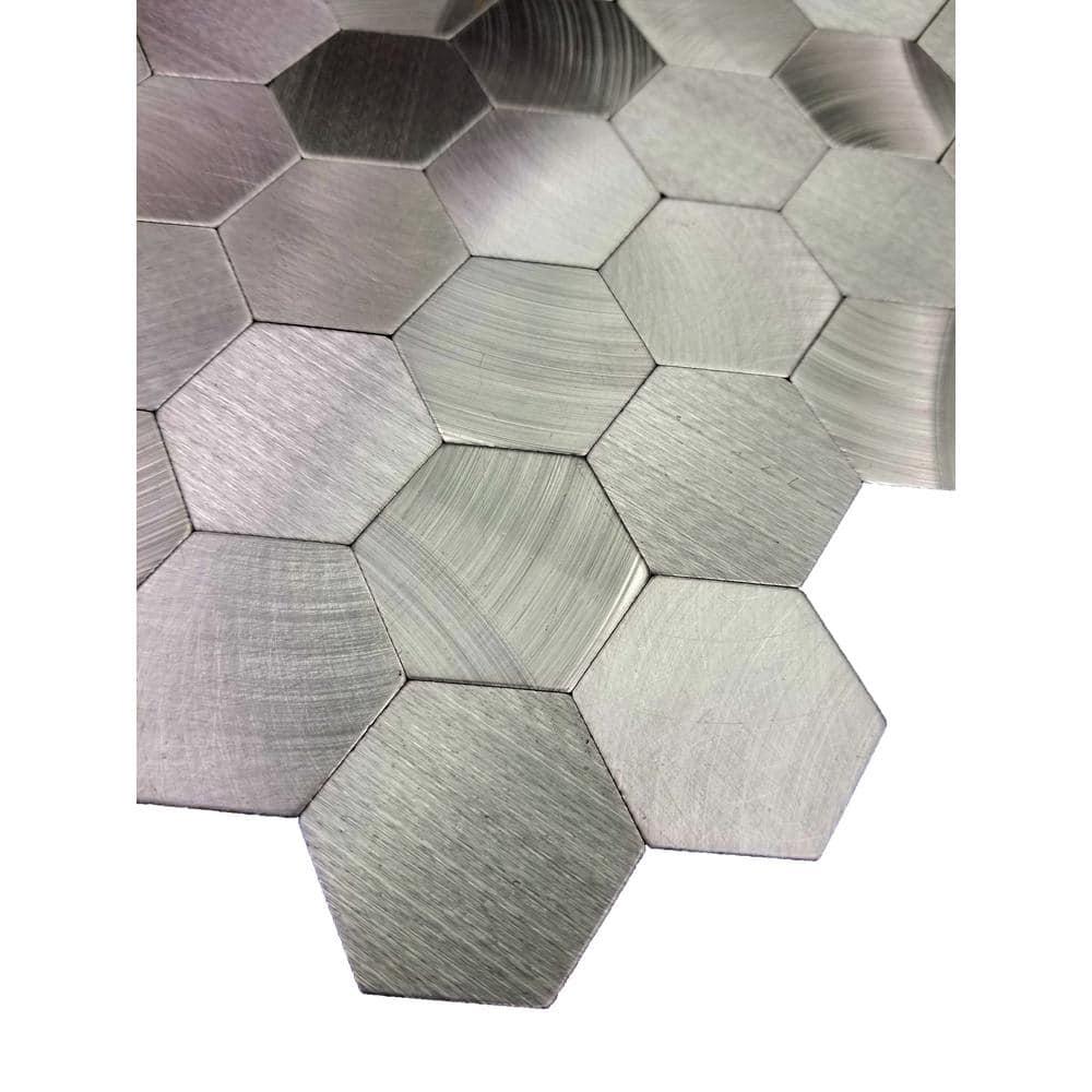 Abolos- Enchanting Hexagon Wall Backsplash 1.5" x 1.5" Peel and Stick Metal Mosaic Tile in Silver (19.80sqft / 22pc Box)