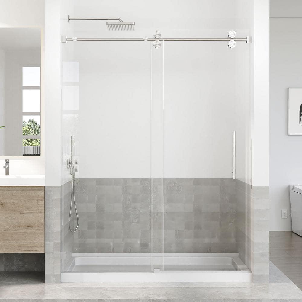 56-60 in. W x 76 in. H Sliding Frameless Shower Door in Brushed Nickel Finish with 5/16 in. (8 mm) Tempered Glass