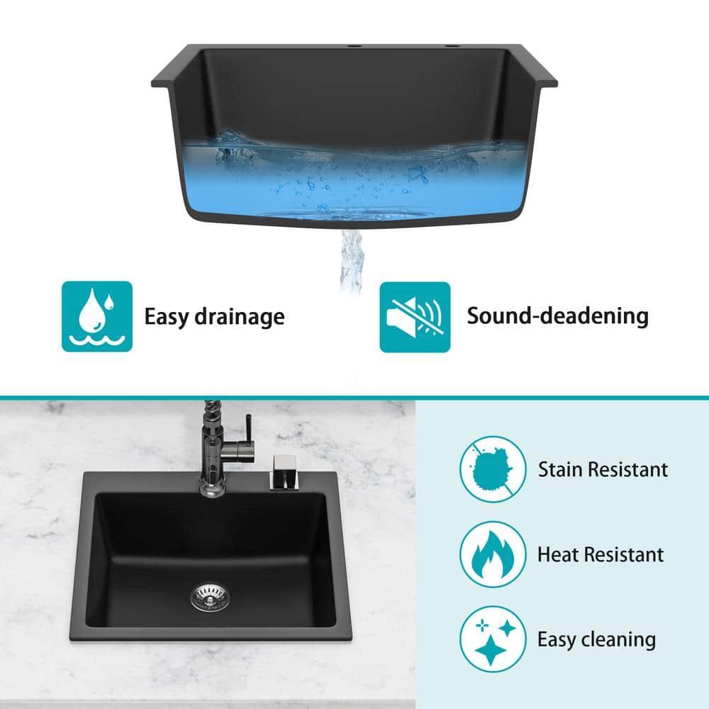 Quartz Kitchen Sink - 25X22" Black Granite Composite Drop In Kitchen Sink