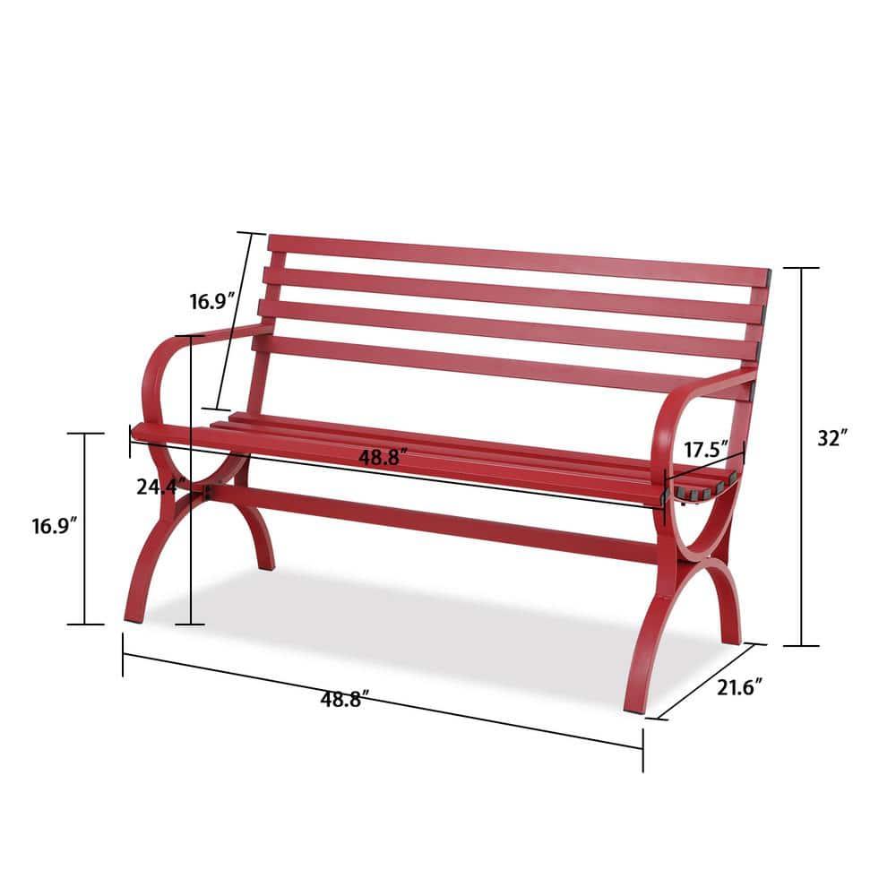 PHI VILLA Outdoor Garden Bench, 48” Long Metal Steel Bench with Backrest and Armrests, Modern Slatted Design for Patio, Lawn, Yard, Porch - Red