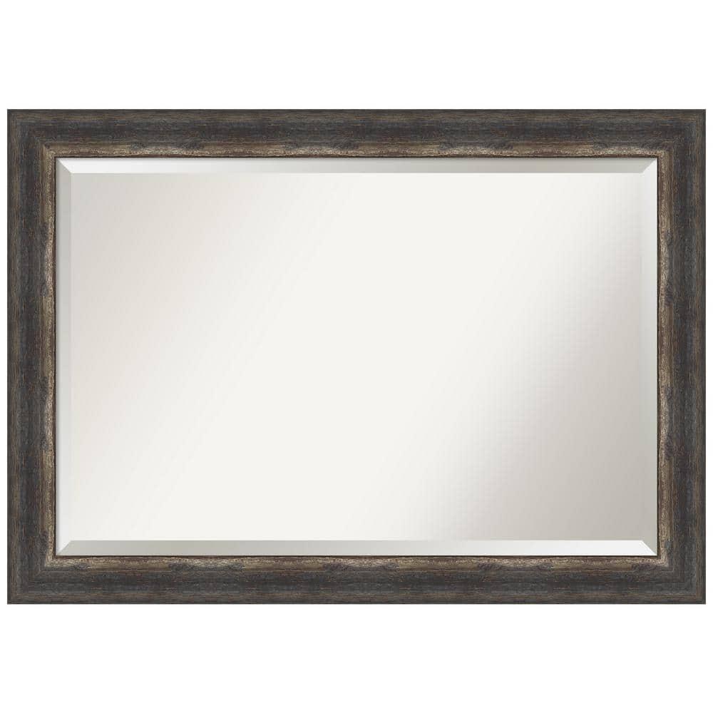 Amanti Art Beveled Bathroom Wall Mirror - Bark Rustic Char Frame Bark Rustic Char Outer Size: 41 x 29 in Silver, Brown, Black