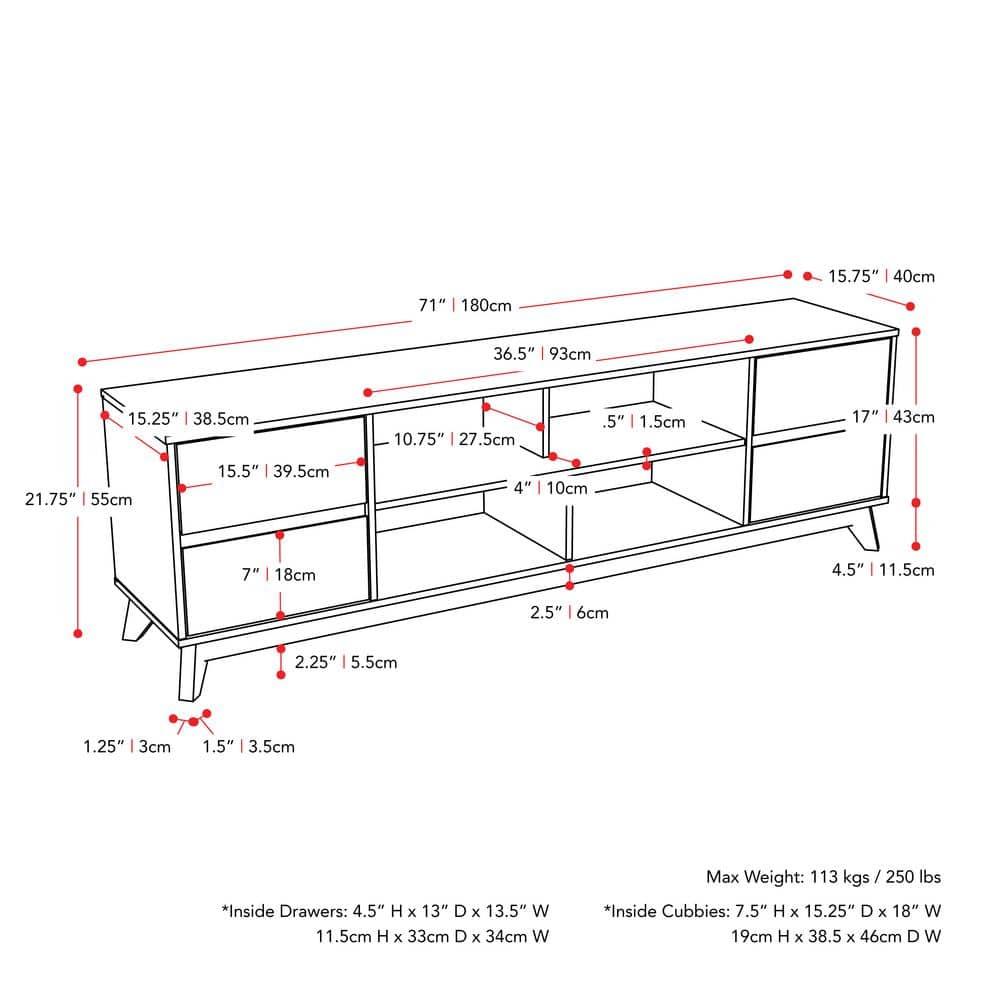 Hollywood Wood Grain TV Stand for TVs up to 85" with Drawers Brown - CorLiving: Mid-Century Modern Media Console