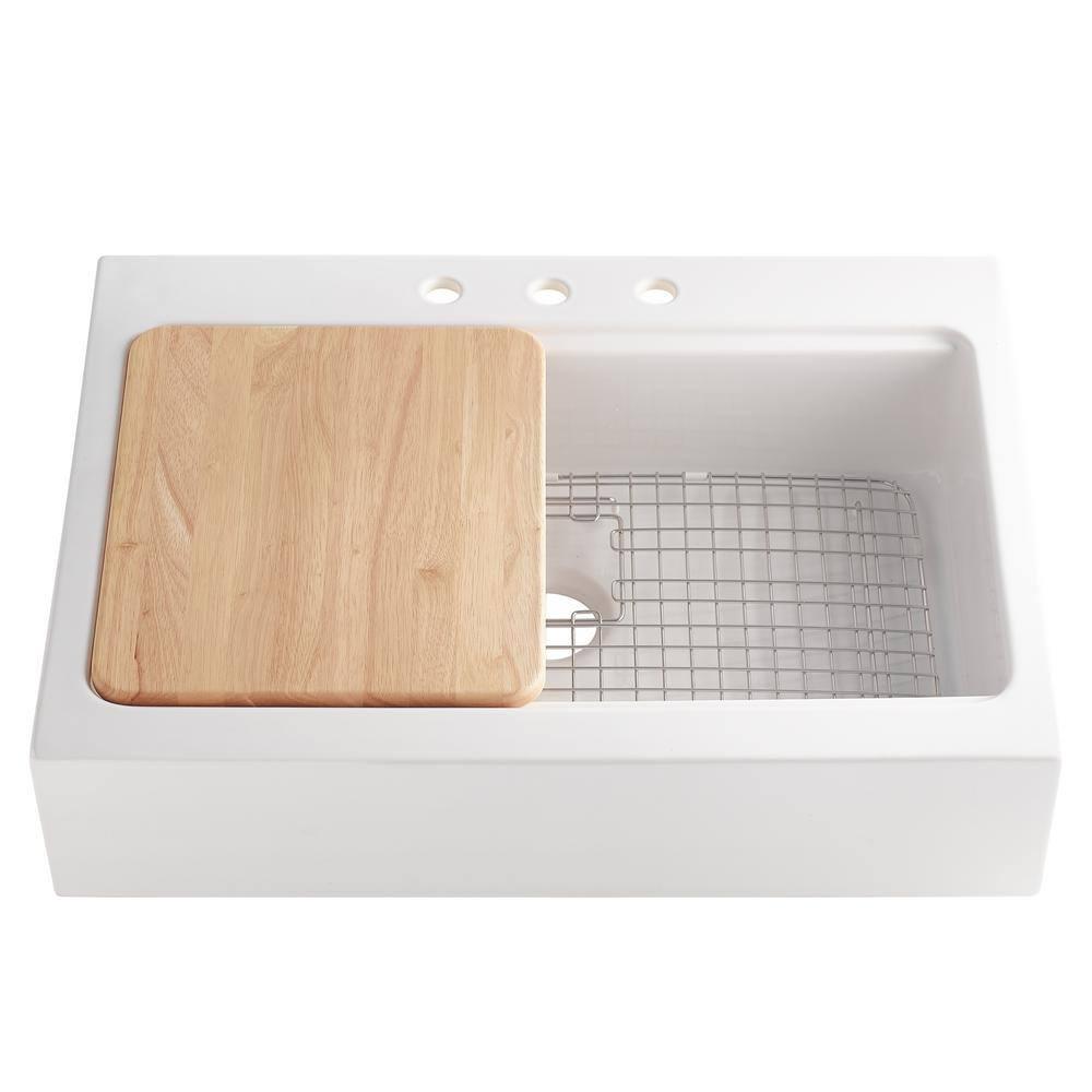 Parker Fireclay 34" Single Bowl Quick-Fit Farmhouse Workstation Kitchen Sink with Pfirst Faucet Kit