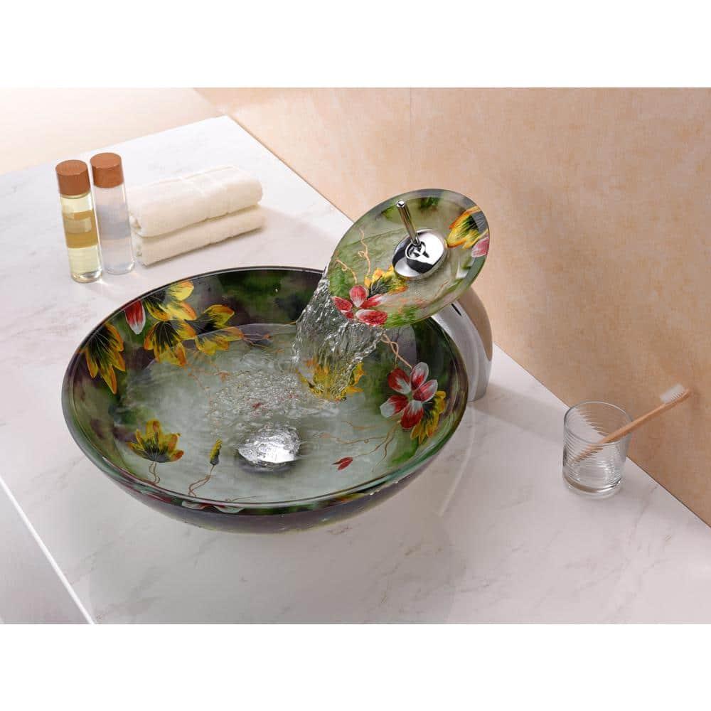 ANZZI Impasto 15.5'' Green Tempered Glass Circular Bathroom Sink with Faucet