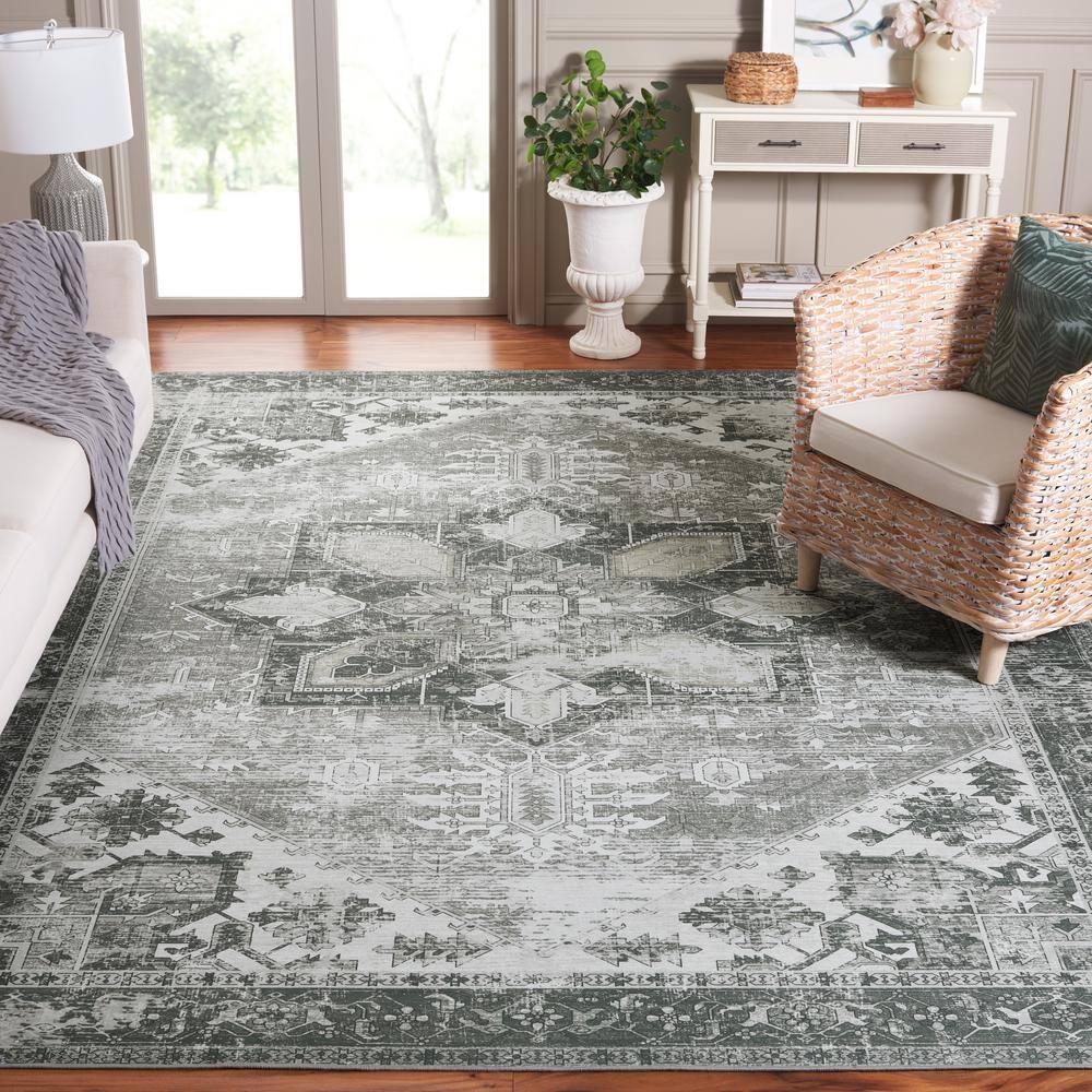Tucson Vintage Persian TSN102 Power Loomed Machine Washable Skid-Resistant Indoor Area Rug - Dark Sage/Ivory - 5'x5' - Safavieh