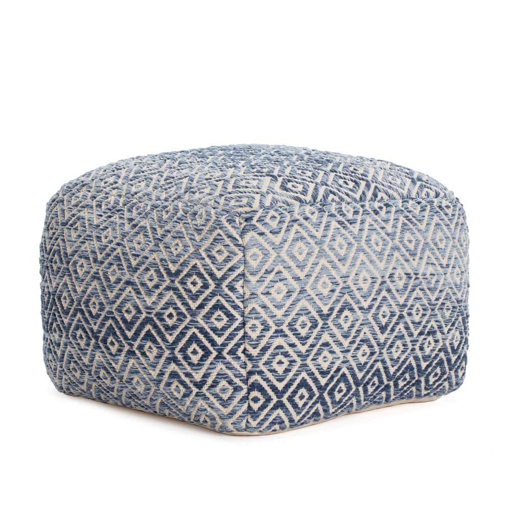 Chero Distressed Diamond 22" Square Pouf Ottoman Blue and Beige