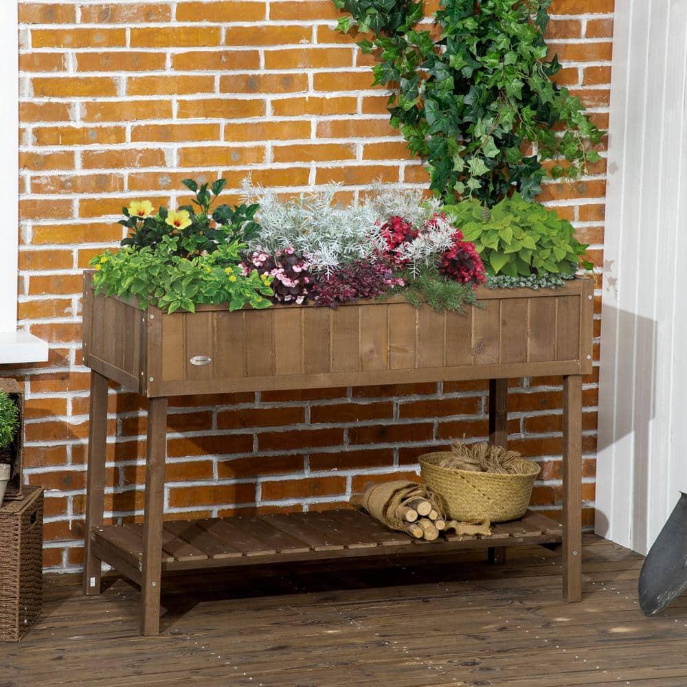 Outsunny Wooden Raised Garden Bed with 8 Slots, Elevated Planter Box Stand with Open Shelf, Dark Brown