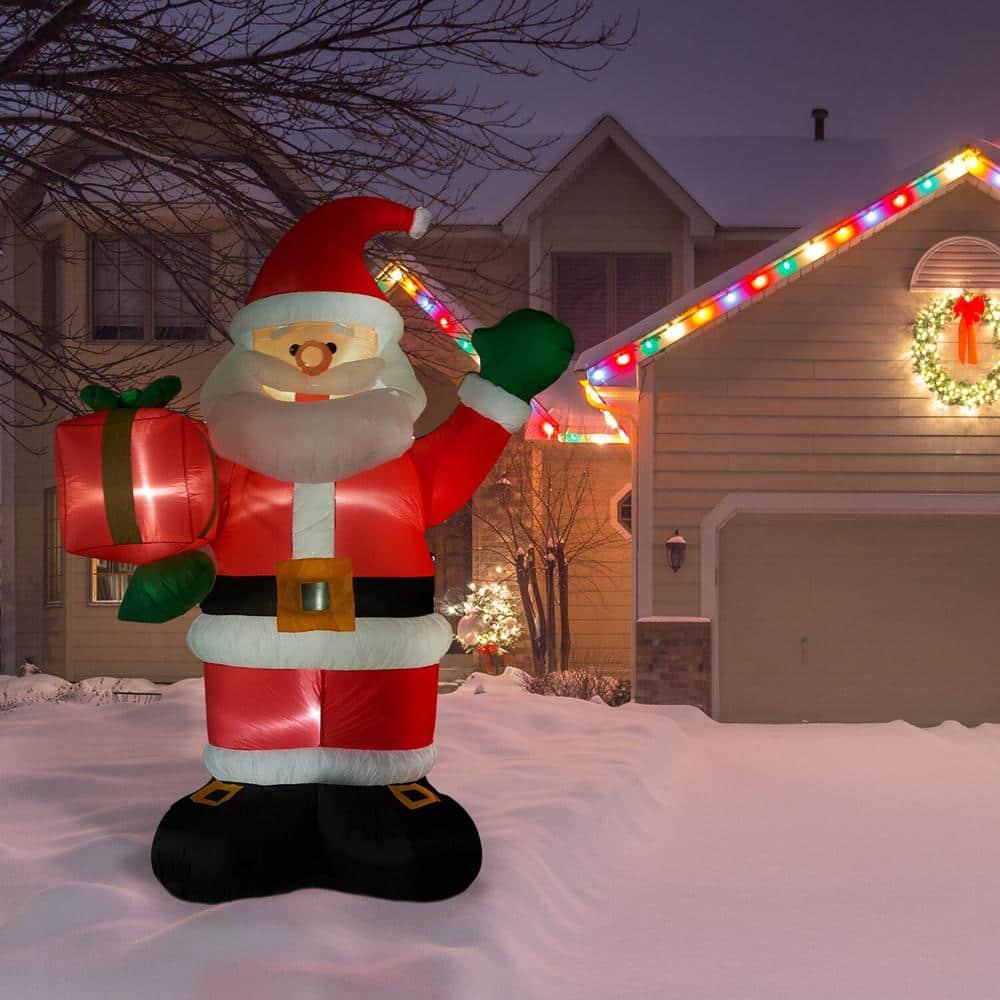 Fraser Hill Farm 10-Ft. Tall Pre-Lit Christmas Inflatable | Santa Claus Holding Gift with Lights and Storage Bag | Outdoor Holiday Blow-Up Festive Celebration Party Decor | FHFSANTA102-L