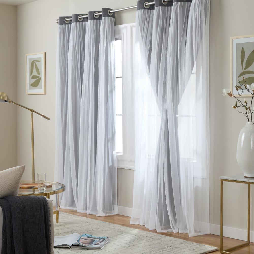 Set of 2 (108"x52") Caterina Layered Solid Blackout with sheer top Curtain Panels Black Pearl - Exclusive Home