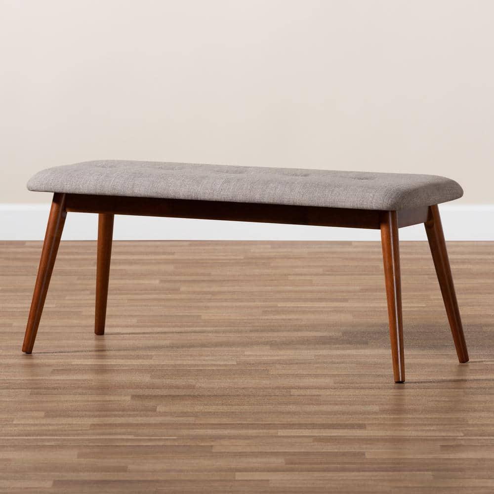 Flora II Mid-Century Modern Light Grey Fabric Upholstered Medium Oak Finished Wood Dining Bench