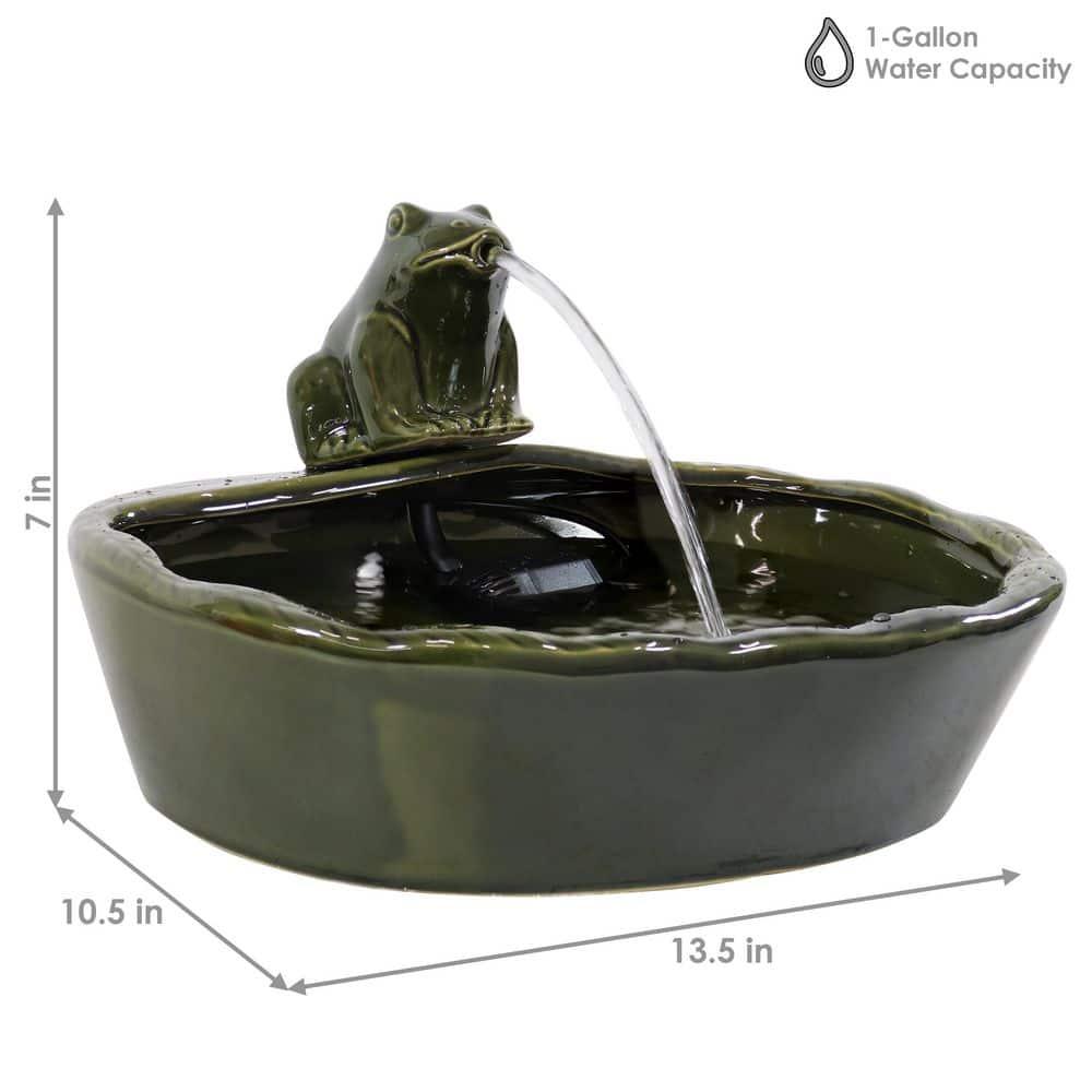 Sunnydaze Outdoor Solar Powered Ceramic Spitting Frog Water Fountain with Submersible Pump - 7" - Green
