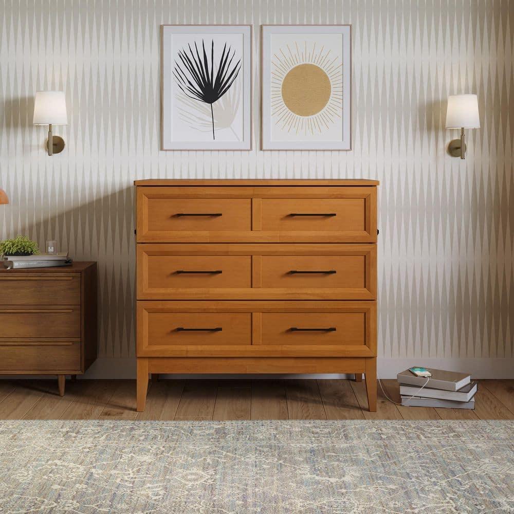 AFI Santa Fe Twin Wood Murphy Bed Chest with Mattress and Built-in Charger, Light Toffee