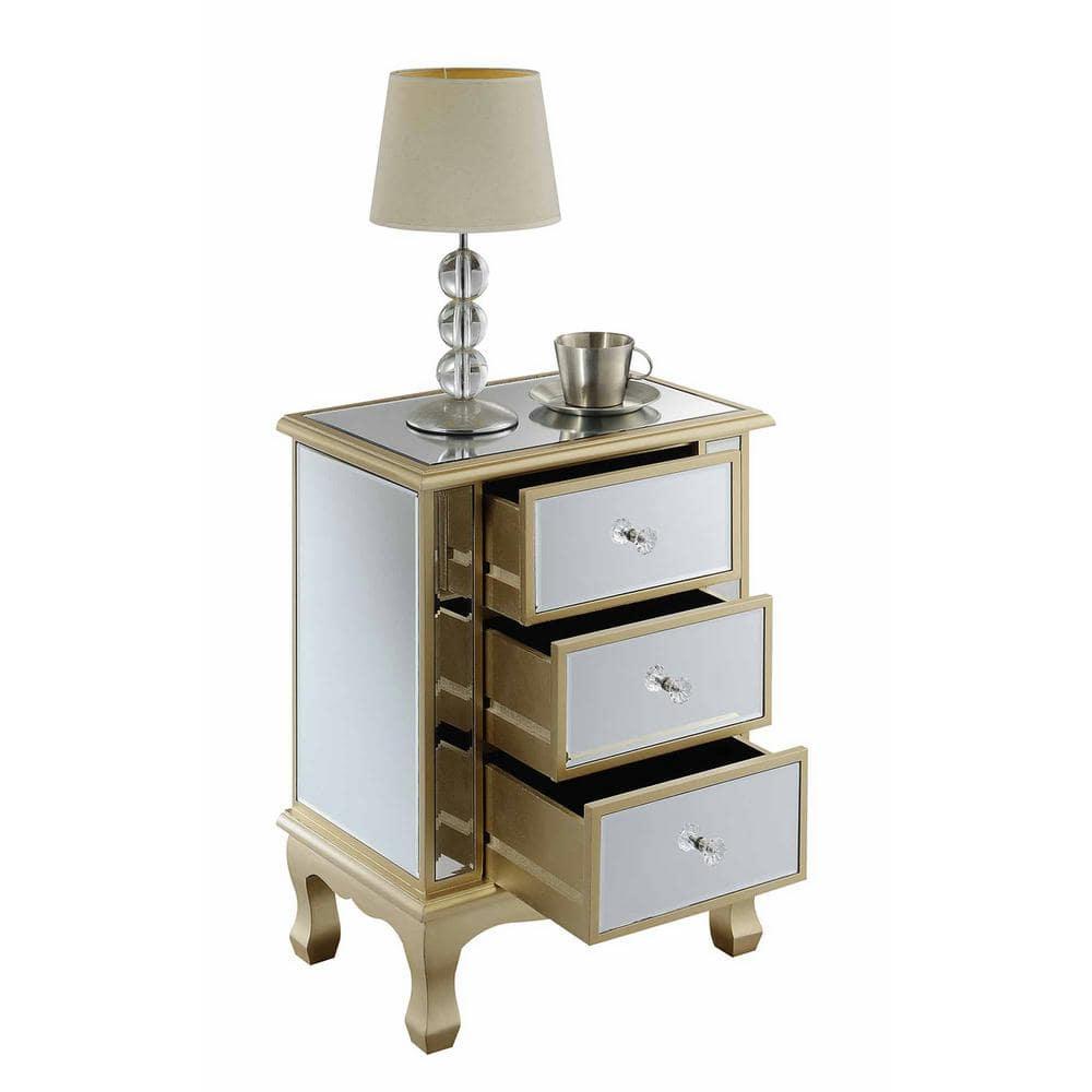 Gold Coast Vineyard 3 Drawer Mirrored End Table In White Wood and Mirrored Glass