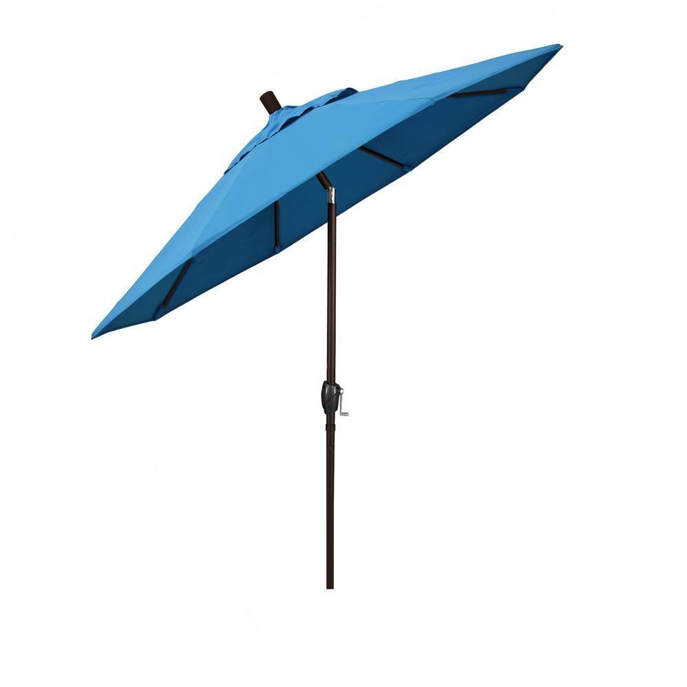 California Umbrella 7.5' Round Aluminum Market Umbrella, Crank Lift, Push Button Tilt, Bronze Pole, Olefin Frost Blue