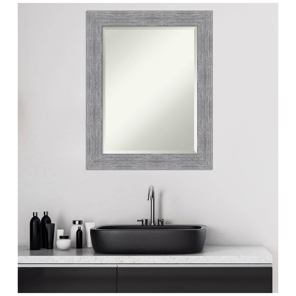 Amanti Art Beveled Bathroom Wall Mirror - Bark Rustic Char Frame Bark Rustic Grey Outer Size: 23 x 29 in Silver, Brown, Grey