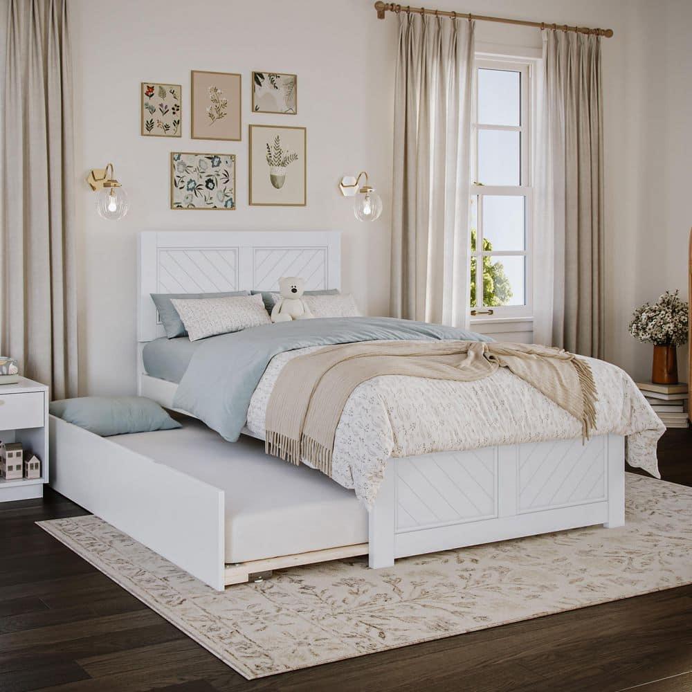 HAOYUN Canyon Twin XL Farmhouse Solid Wood Platform Bed with Footboard & Twin XL Trundle, White